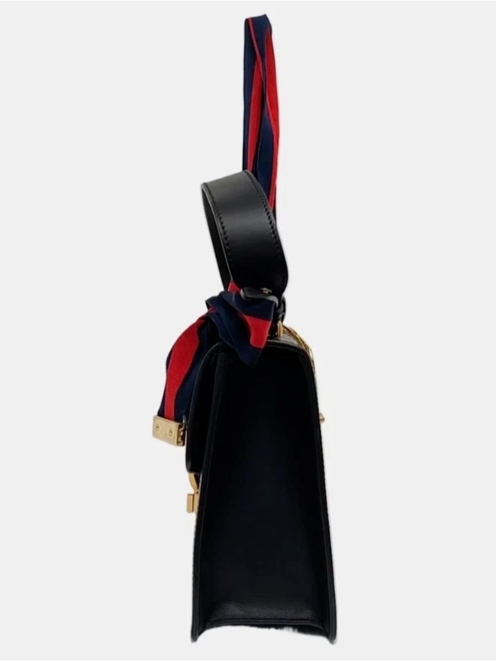 EUC Gucci Black Leather Shoulder Bag with Green Panel & Red-Blue Striped Strap - Picture 3 of 7